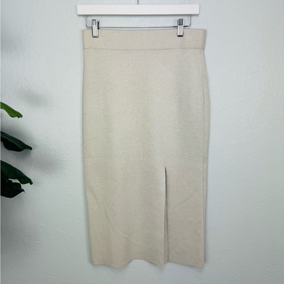 NEW Express Cream Ribbed Knit Side Slit Elegant High Waisted Midi Skirt - Picture 2 of 7